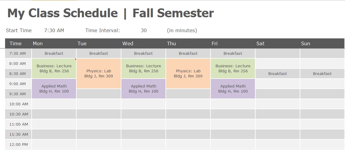 microsoft excel class schedule templates